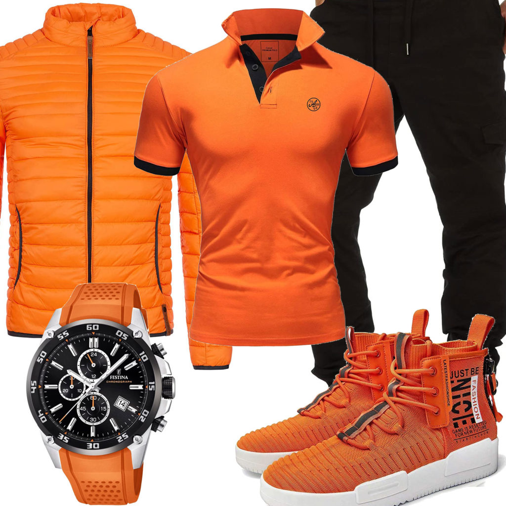 Schwarz-Oranges Herrenoutfit mit Poloshirt und Uhr