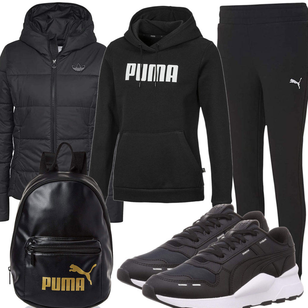 Schwarzes Damenoutfit mit Puma und Adidas