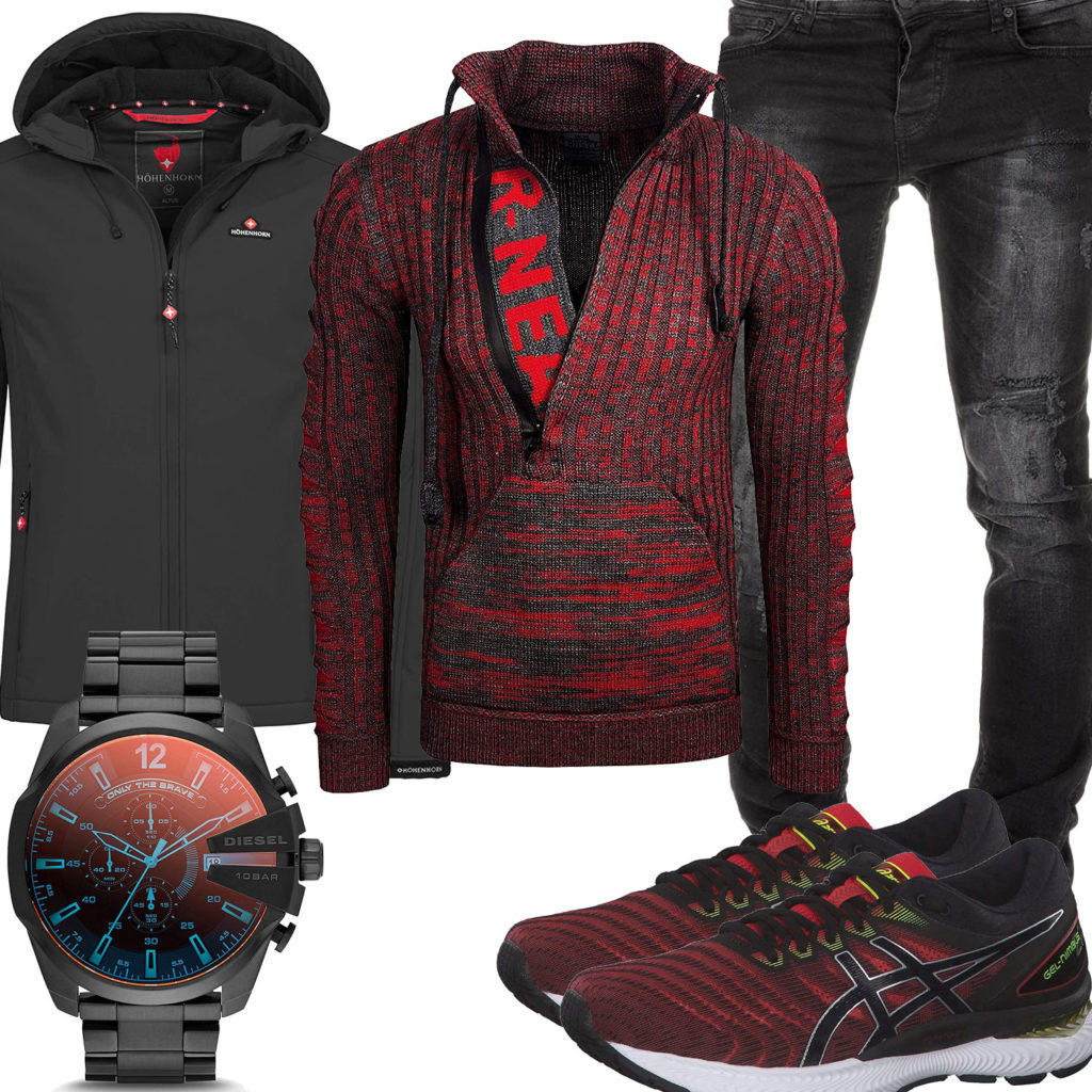 Schwarz-Roter Style mit Uhr, Sneakern und Pullover
