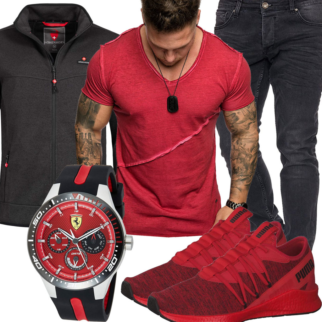 Schwarz-Roter Style mit Sneakern, Uhr und T-Shirt