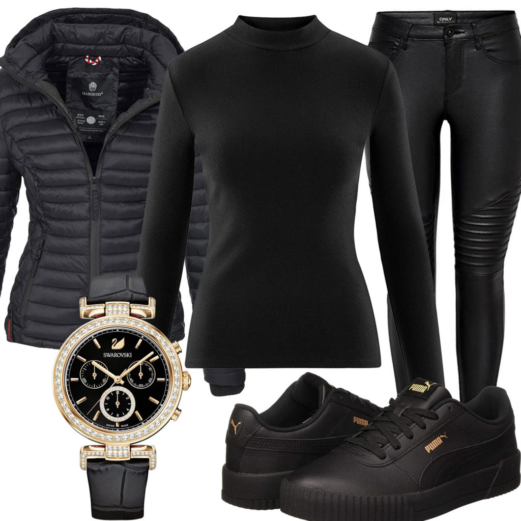 Schwarzes Frauenoutfit mit Steppjacke, Pullover und Puma's