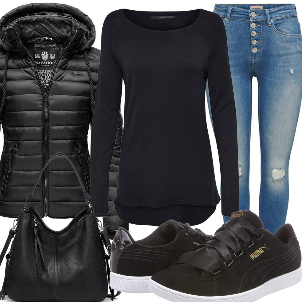 Schwarzes Damenoutfit mit Steppjacke, Tasche und Puma's