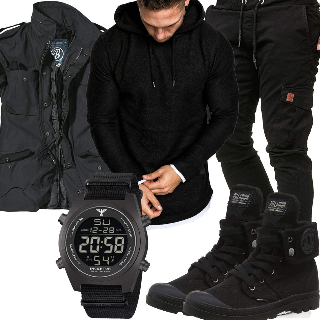 Schwarzer Herren-Style mit Stiefeln, KHS Uhr und Parka