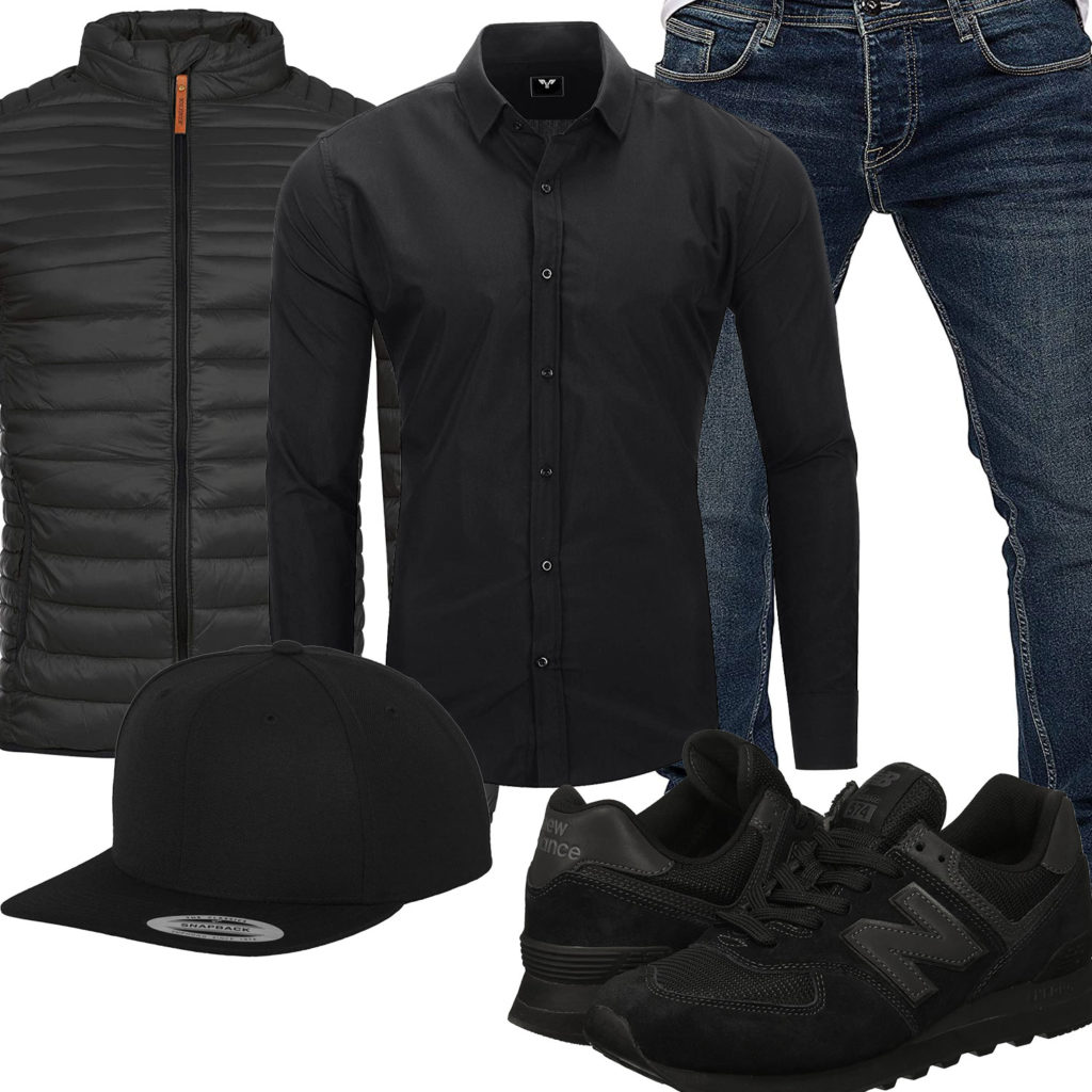 Schwarzes Herrenoutfit mit Steppjacke, Cap und Hemd