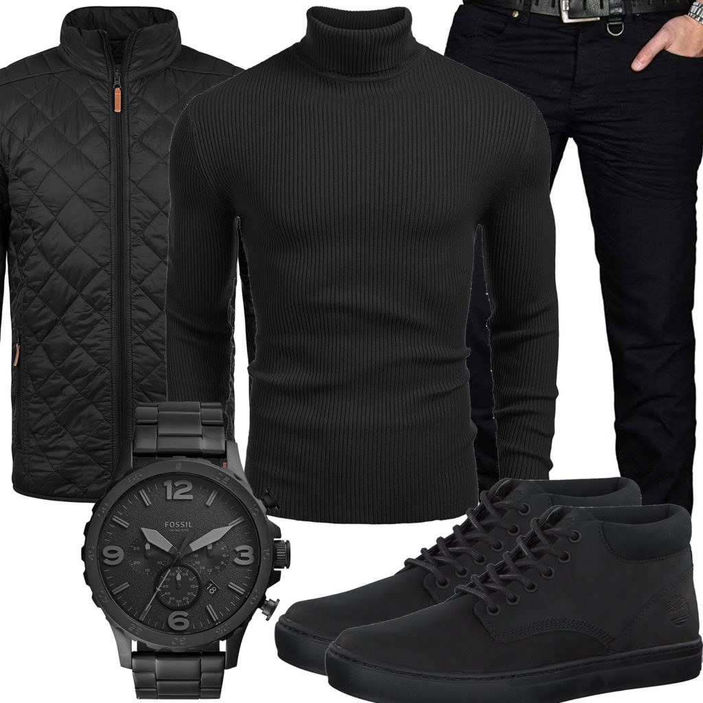 Schwarzes Herrenoutfit mit Pullover, Steppjacke und Stiefeln
