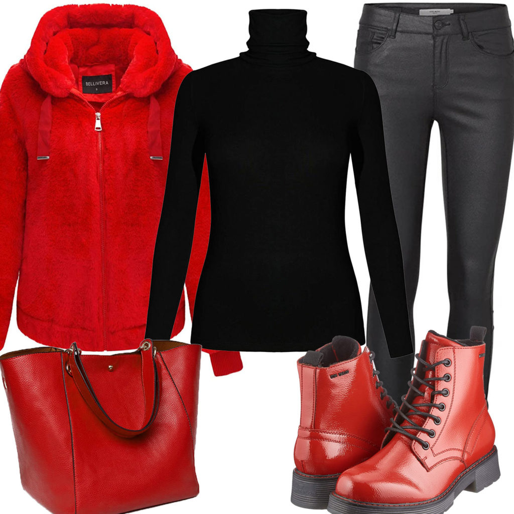 Schwarz-Rotes Frauenoutfit mit Kunstfelljacke und Stiefeln
