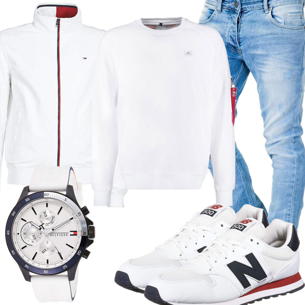 Weißes Herrenoutfit mit Jacke, Pullover und Sneakern