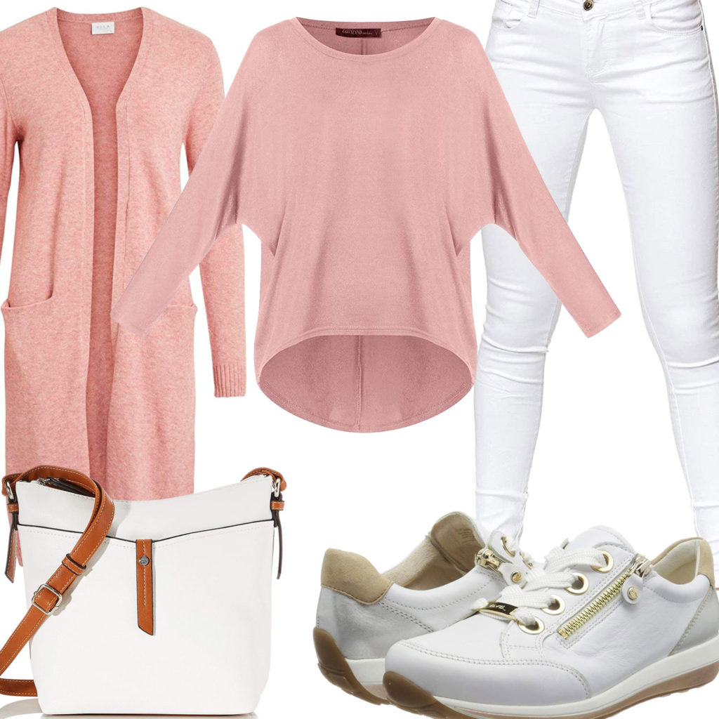 Rosa-Weißes Frauenoutfit mit Strickjacke und Pullover