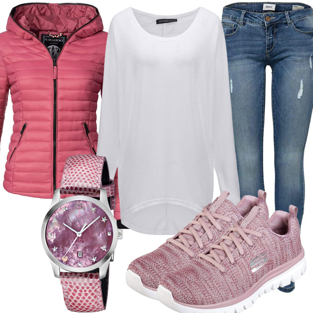 Weiß-Rosa Damenoutfit mit Steppjacke, Uhr und Sneakern