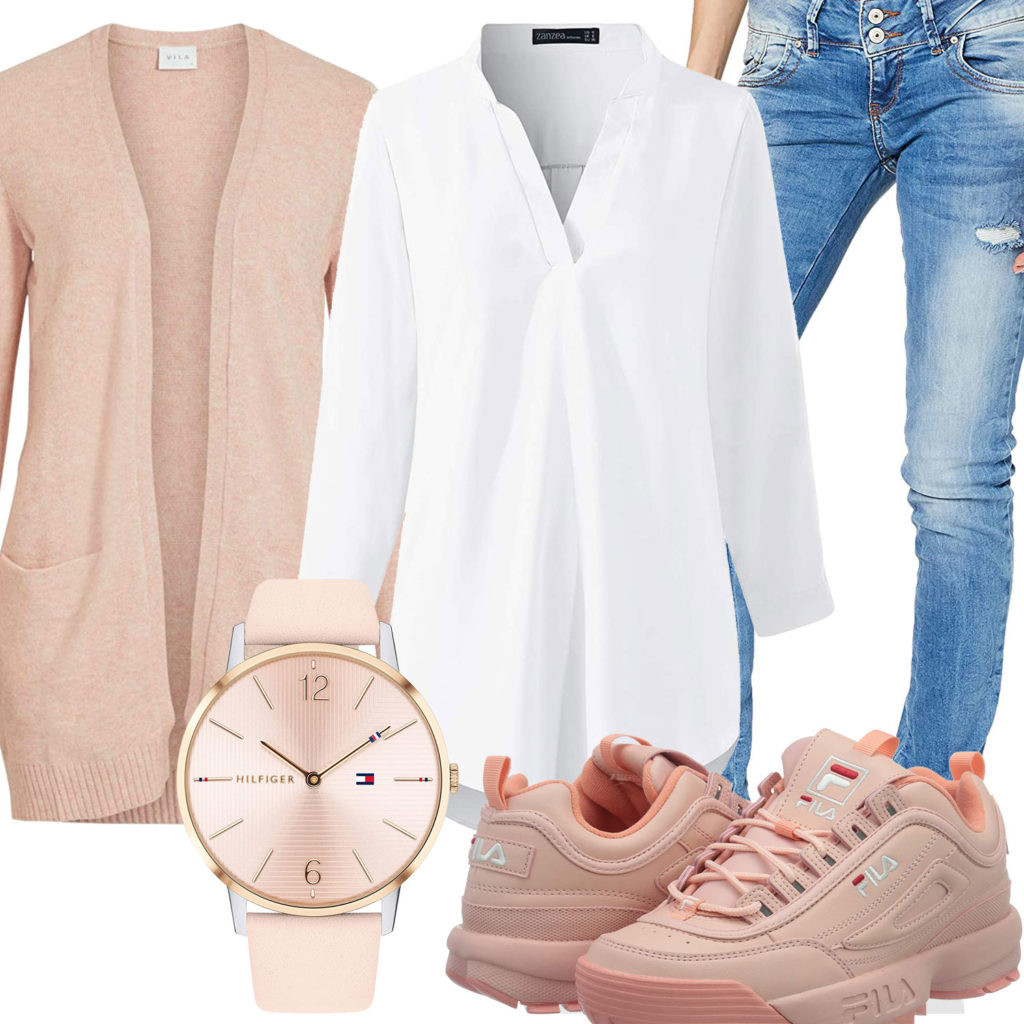 Rosé Damenoutfit mit Uhr, Sneakern und Strickjacke
