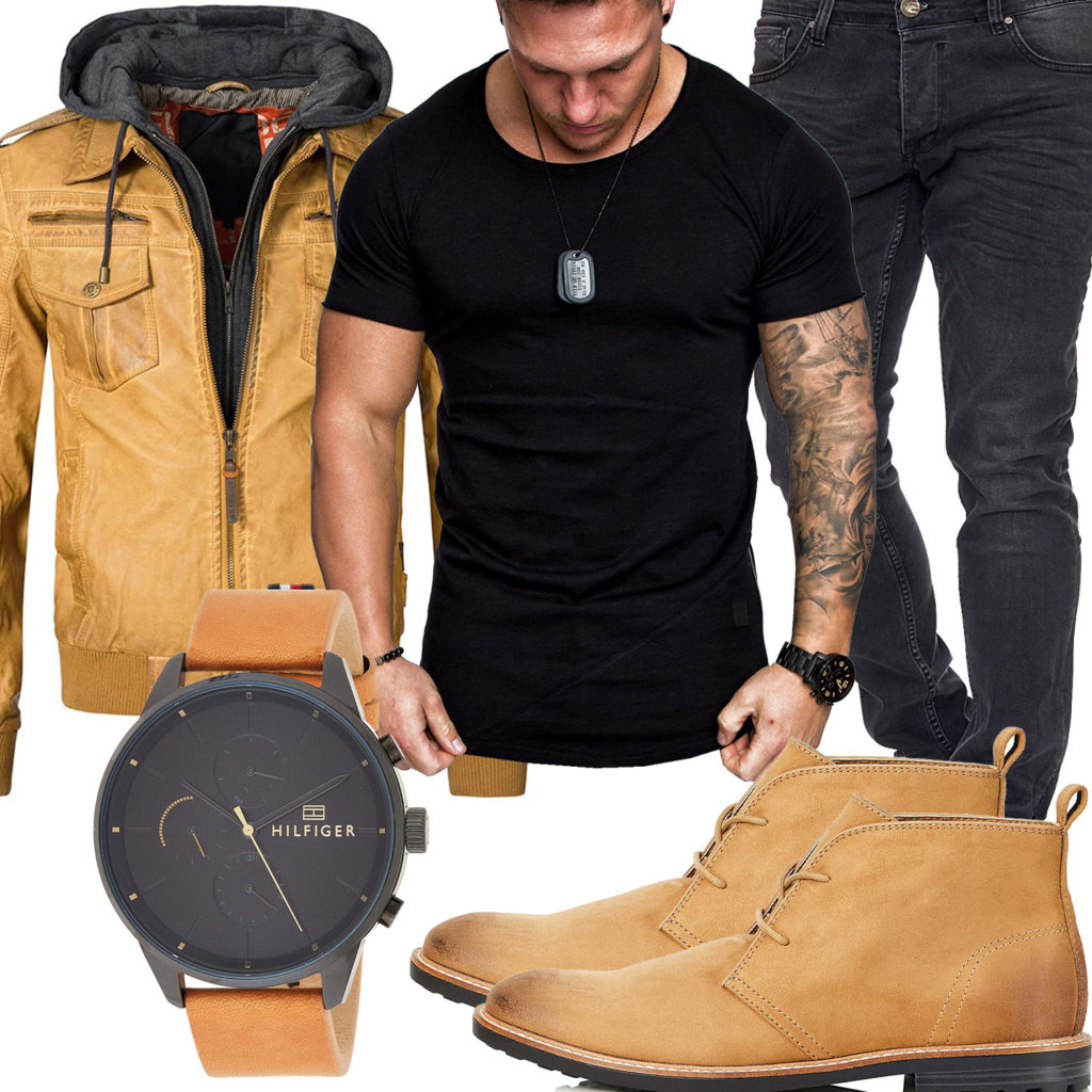 Beige-Schwarzer Style mit Lederjacke und Stiefeln