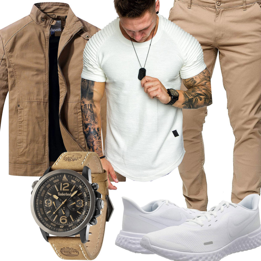 Beige-Weißes Herrenoutfit mit Jacke, Hose und Uhr
