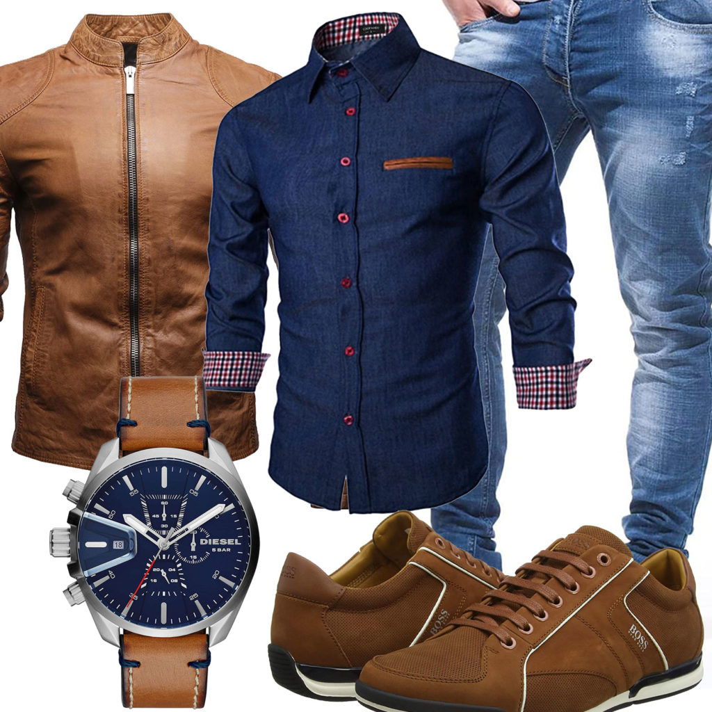 Herren-Style mit hellbrauner Lederjacke und Sneakern