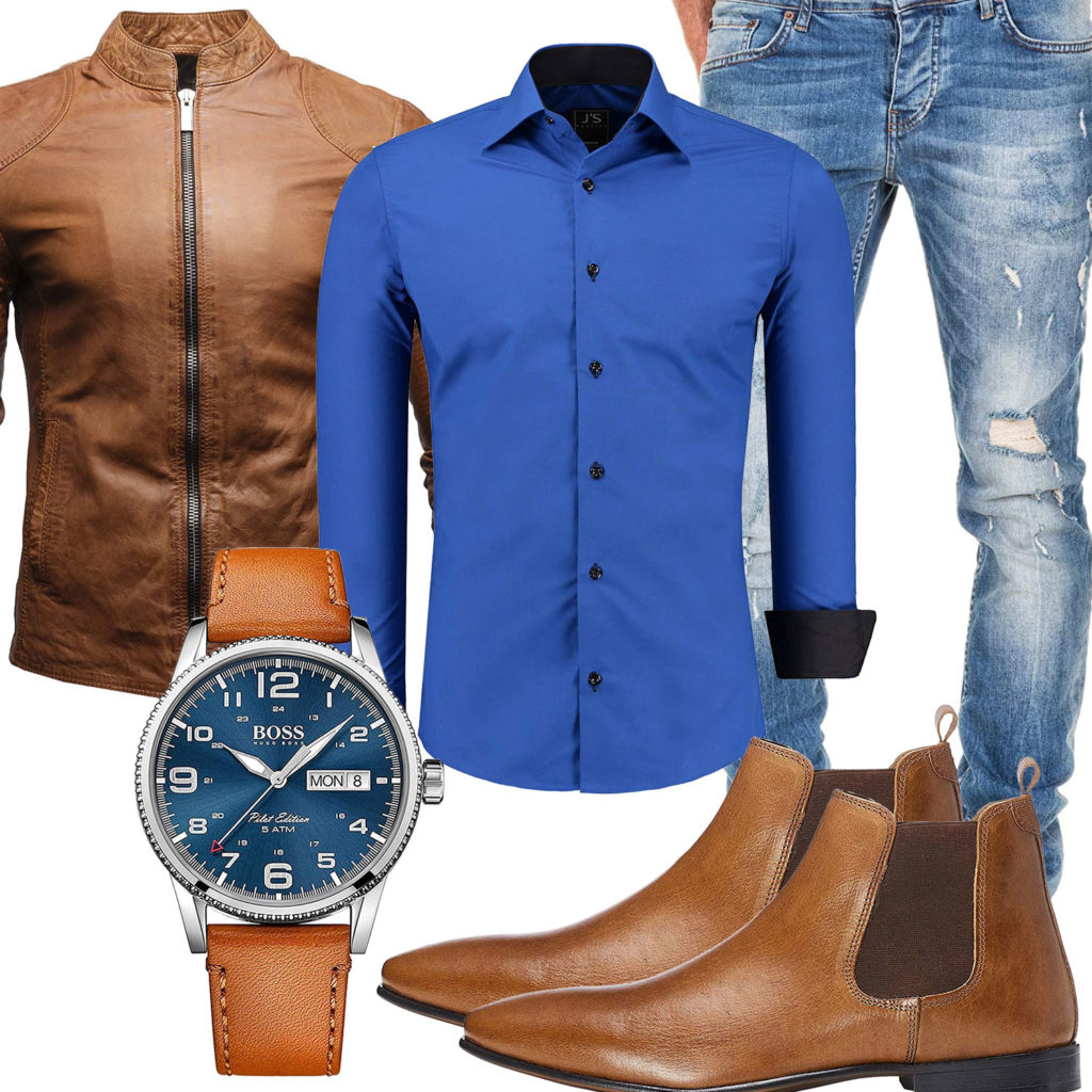 Herren-Style mit hellbrauner Lederjacke, Uhr und Chelsea Boots