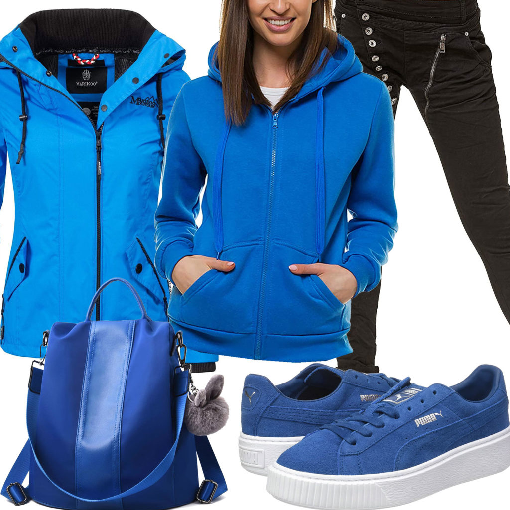 Blau-Schwarzes Frauenoutfit mit Hoodie und Rucksack
