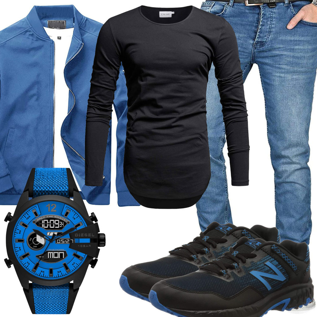 Blau-Schwarzes Herrenoutfit mit Bomberjacke und Uhr