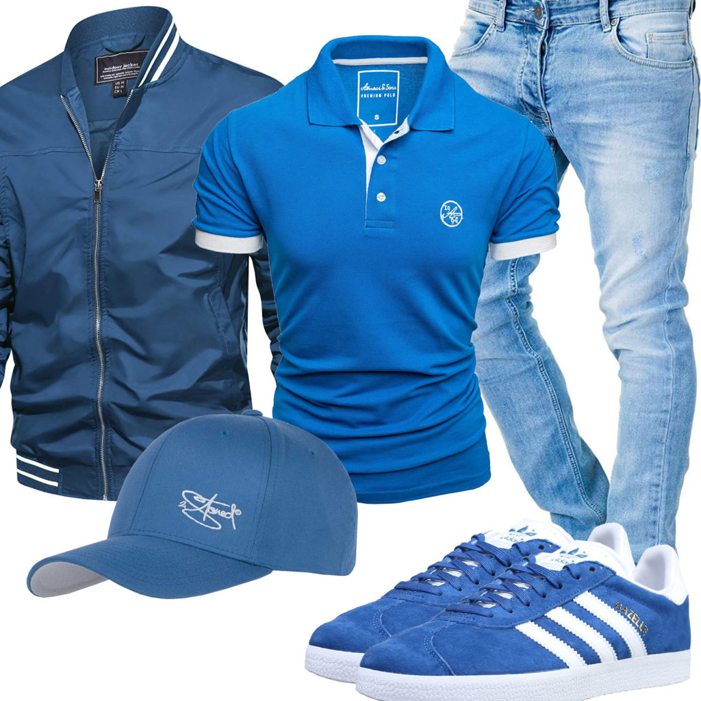 Blauer Style mit Sneakern, Cap und Bomberjacke