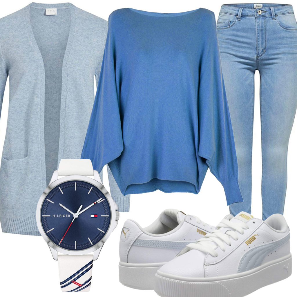 Blau-Weißes Frauenoutfit mit Strickjacke, Jeans und Sneakern