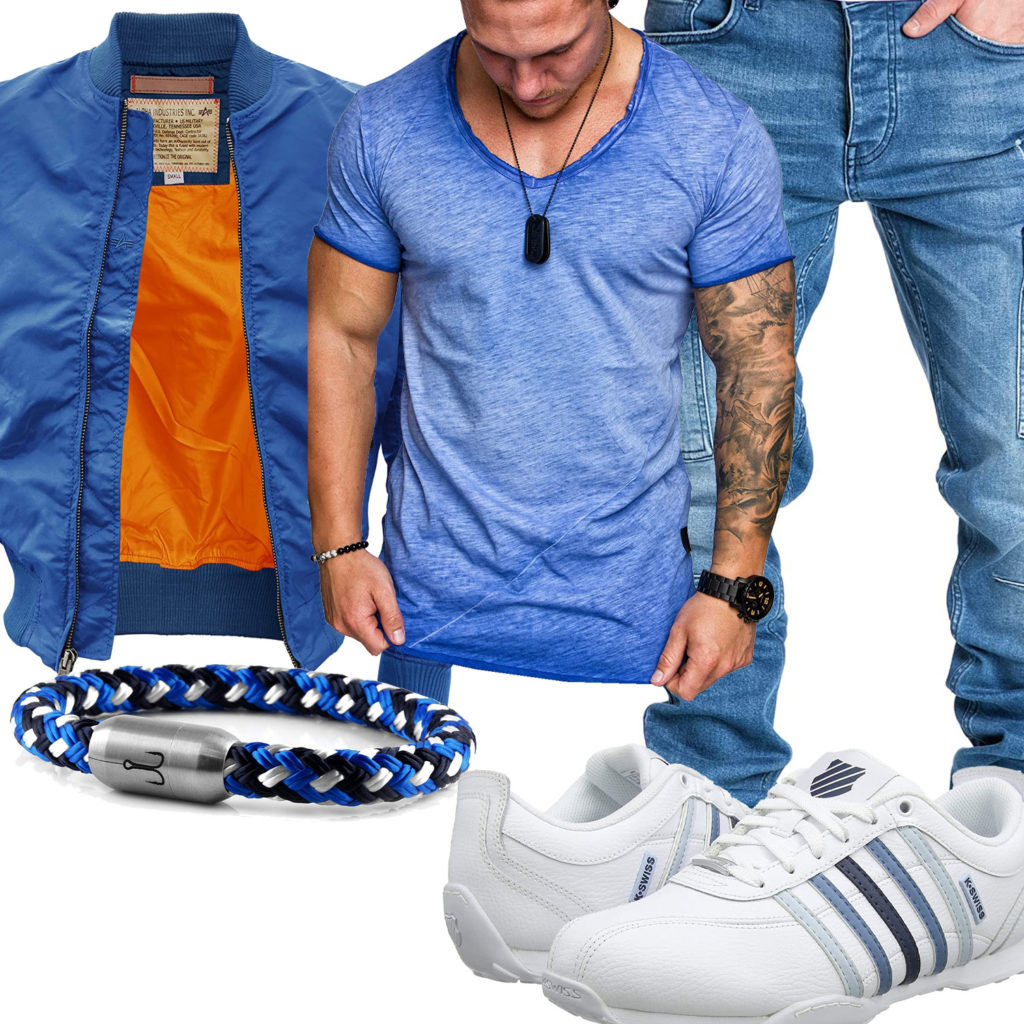 Blau-Weißes Herrenoutfit mit Sneakern und Bomberjacke