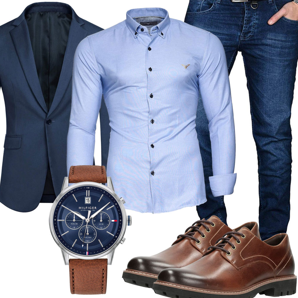 Business-Style mit dunkelblauem Sakko und Jeans