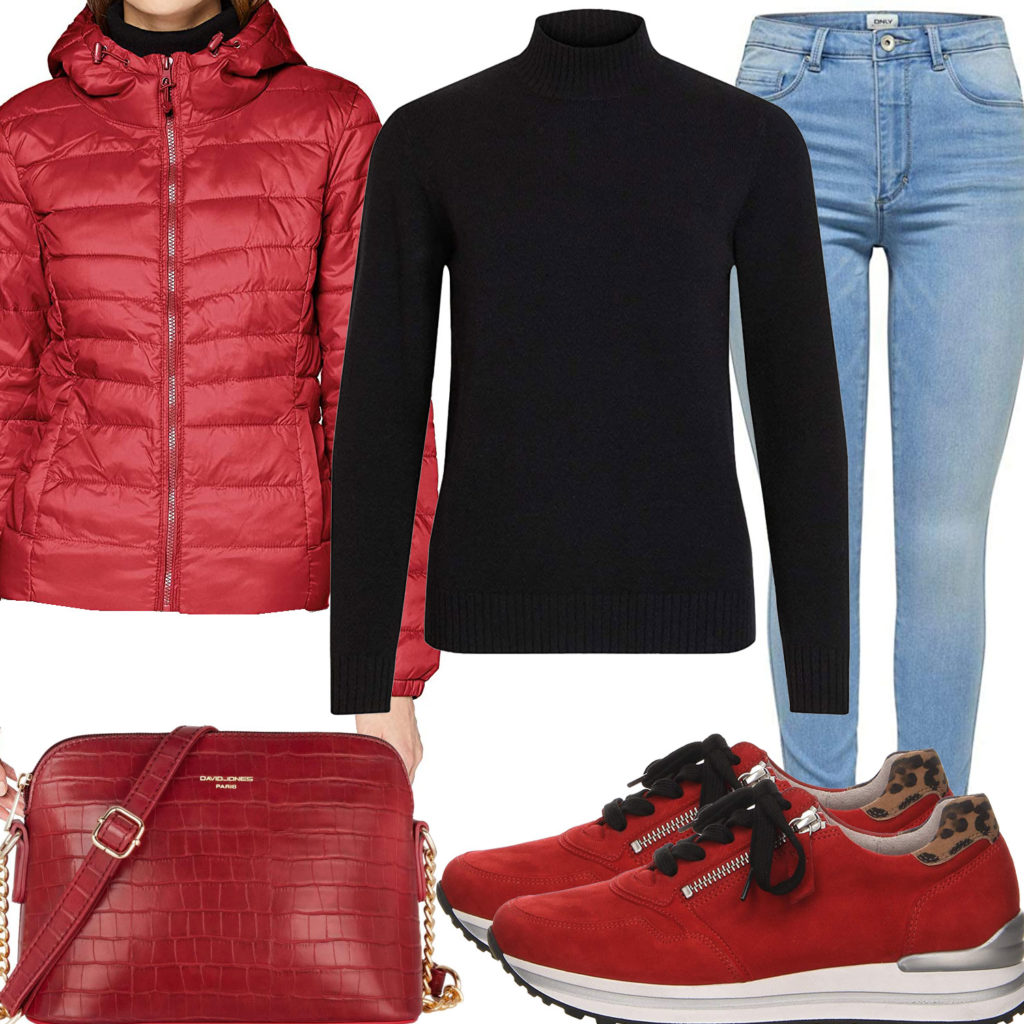 Rotes Frauenoutfit mit Steppjacke und Sneakern