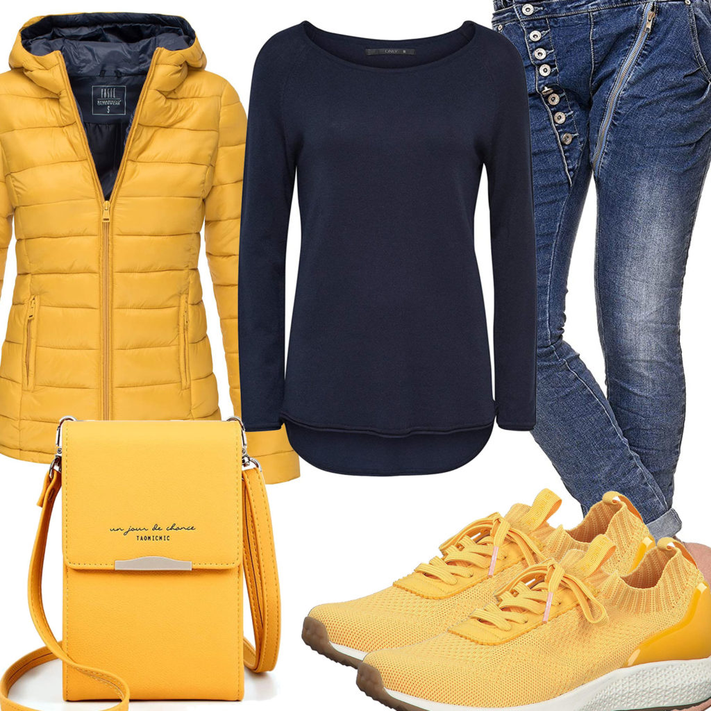 Frauenoutfit mit gelber Steppjacke, Sneakern und Tasche