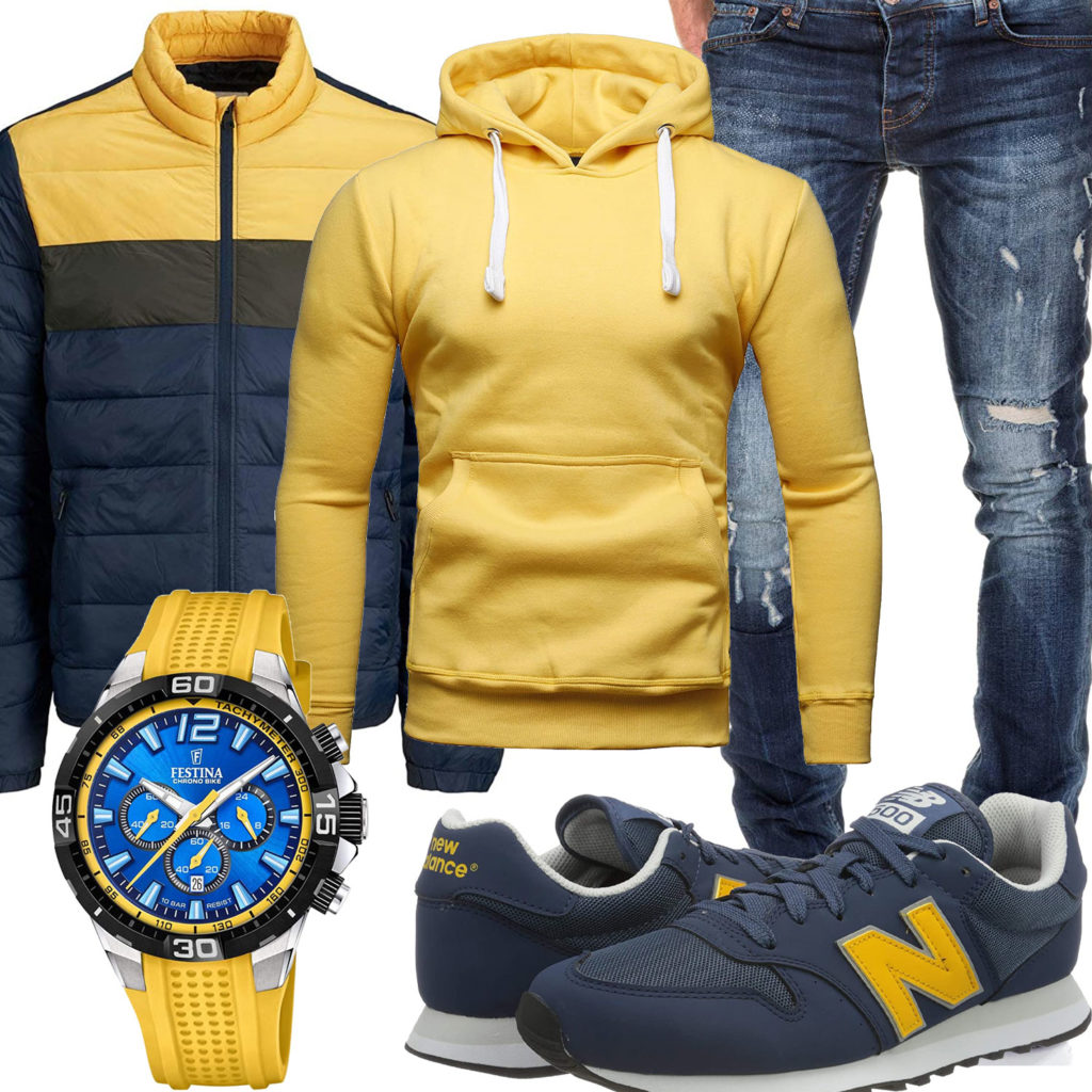Blau-Gelbes Herrenoutfit mit Hoodie und Steppjacke