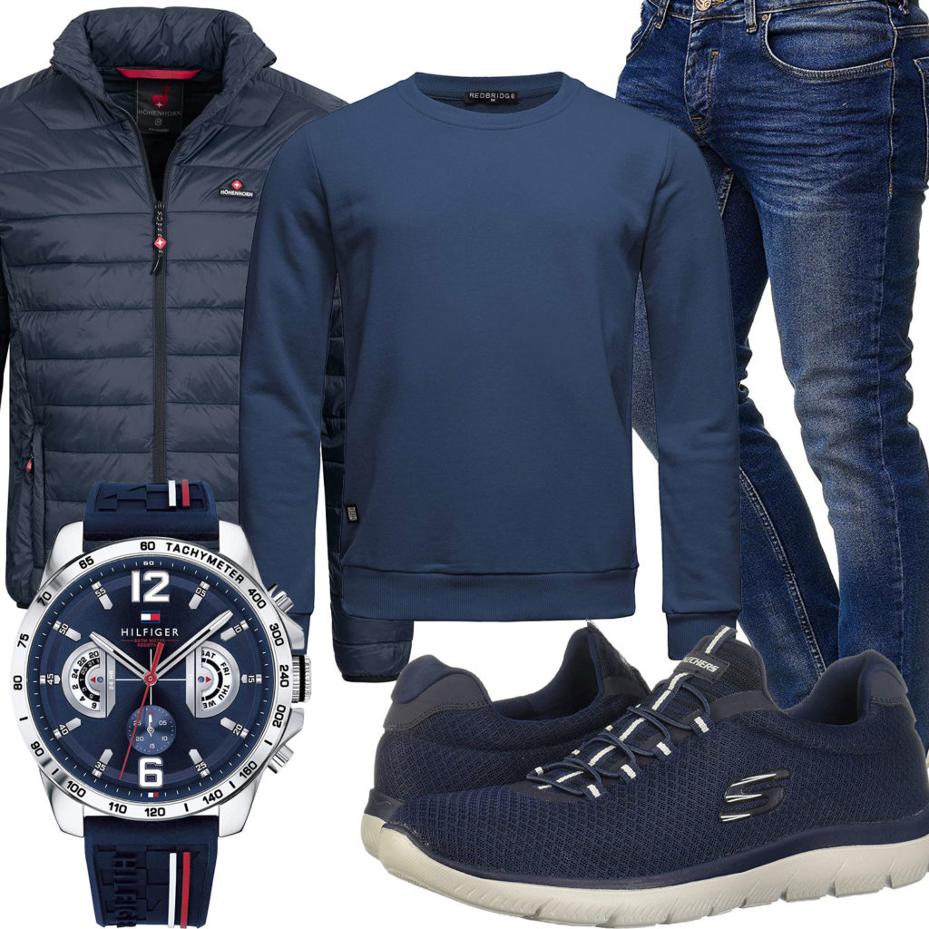 Dunkelblaues Herrenoutfit mit Uhr, Steppjacke und Jeans