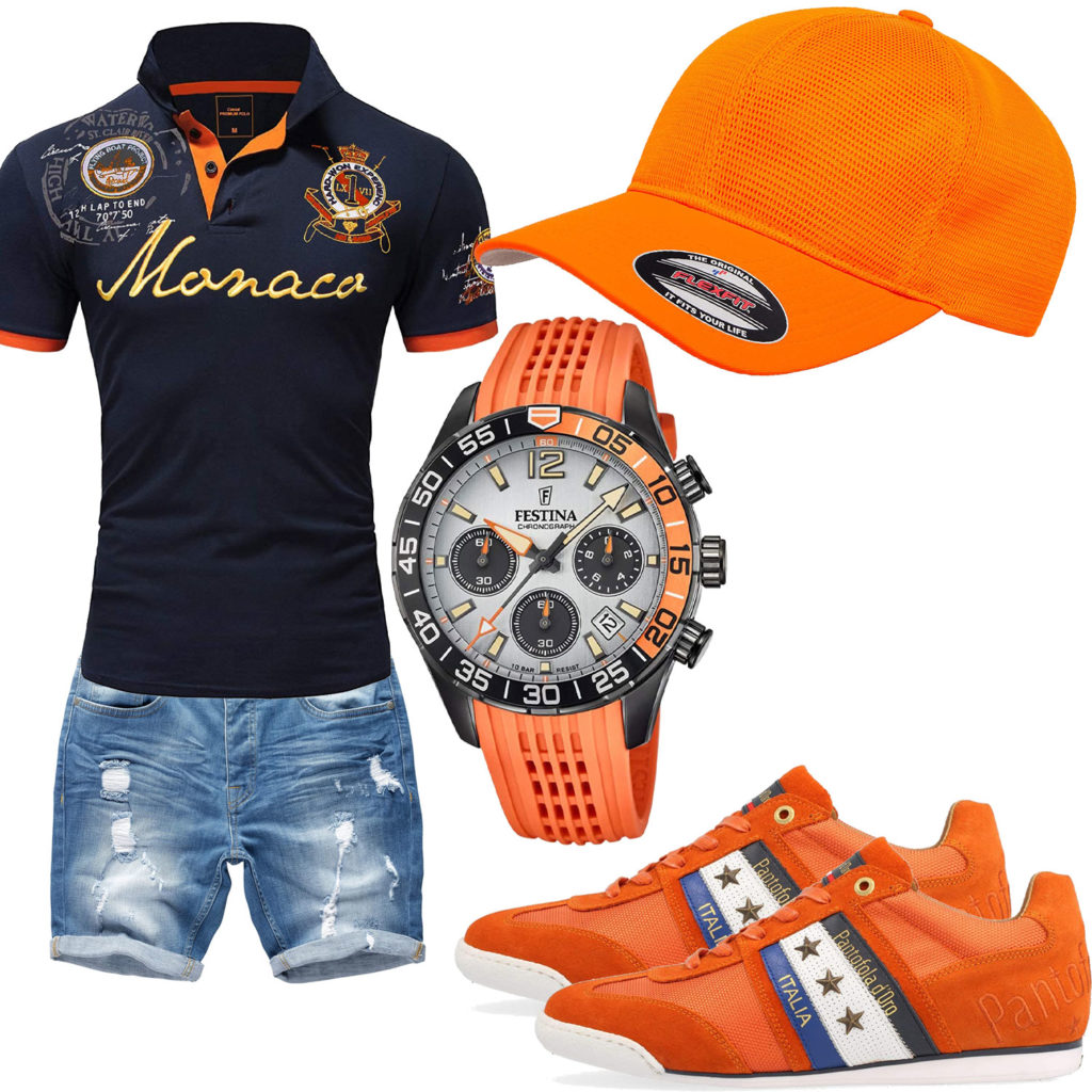 Oranges Herrenoutfit mit Cap, Uhr und Sneakern