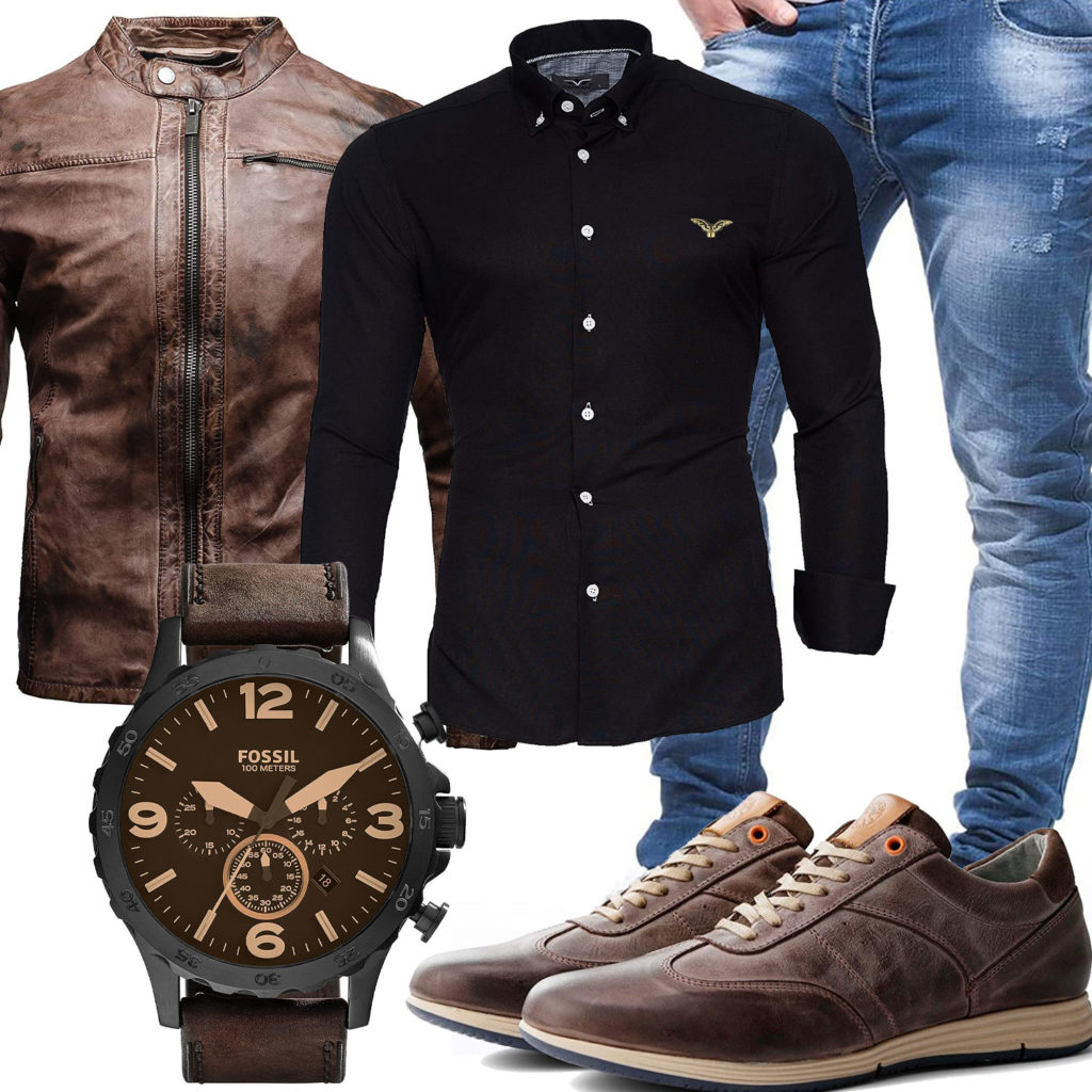 Herren-Style mit dunkelbrauner Lederjacke und XXL-Uhr