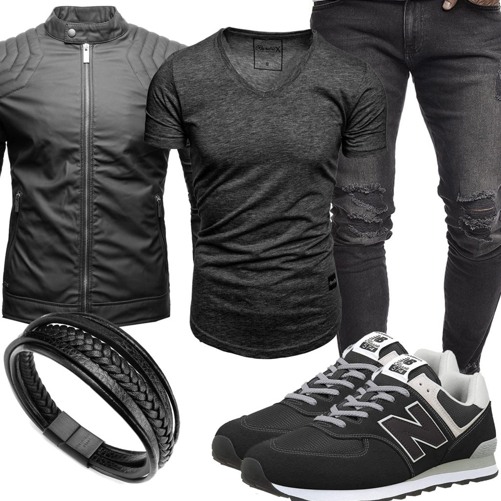 Schwarz-Graues Herrenoutfit mit Lederjacke und T-Shirt