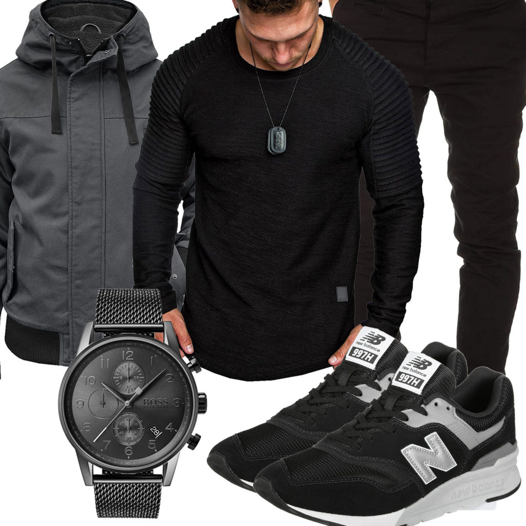 Schwarzes Herrenoutfit mit Pullover, Chino und Uhr