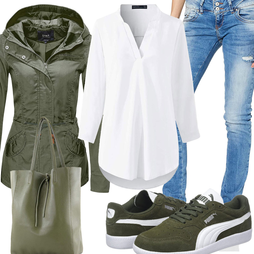 Frauen-Damenoutfit mit grüner Jacke, Sneakern und Tasche