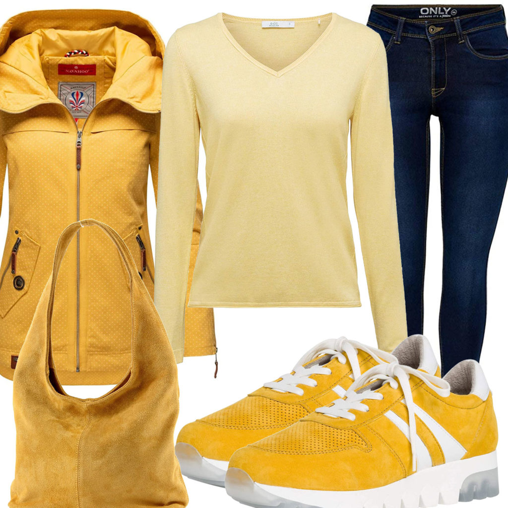 Gelbes Frauenoutfit mit Jacke, Pullover und Handtasche