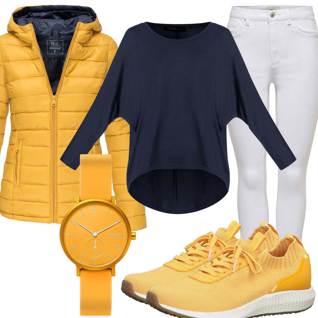 Frühlings-Frauenoutfit mit gelber Jacke und Sneakern