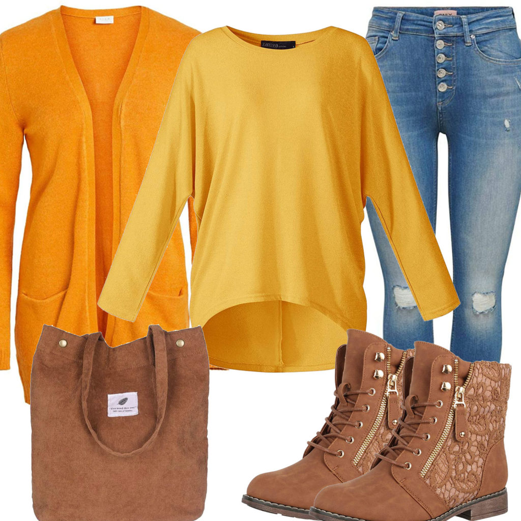 Gelb-Braunes Damenoutfit mit Strickjacke und Pullover