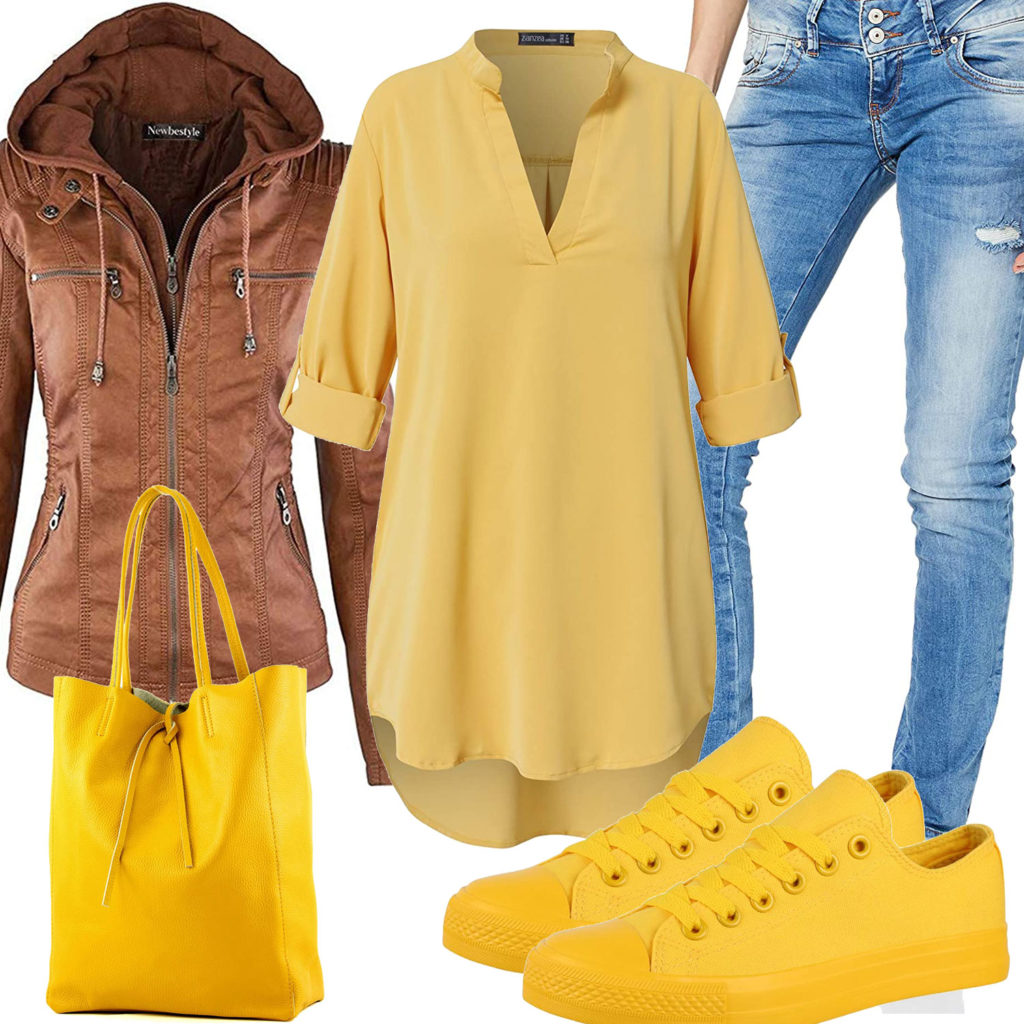 Frühlings-Damenoutfit mit gelber Bluse, Tasche und Sneakern