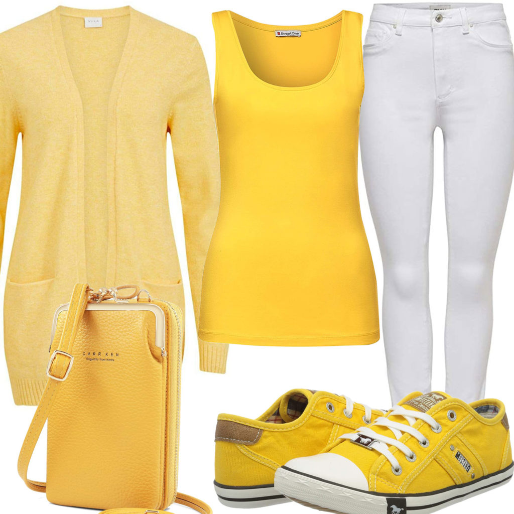 Gelb-Weißes Frauenoutfit mit Top und Strickjacke