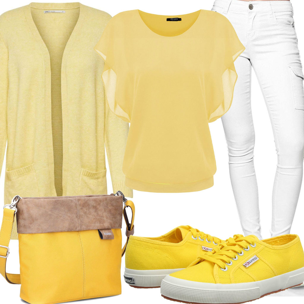 Gelbes Frauenoutfit mit Bluse und Strickjacke