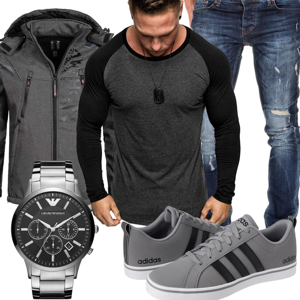 Grau-Schwarzer Style mit Armani Uhr und Adidas Sneakern