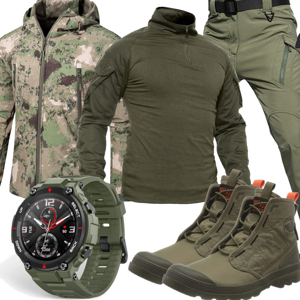 Grünes Military-Herrenoutfit mit Camouflage Jacke