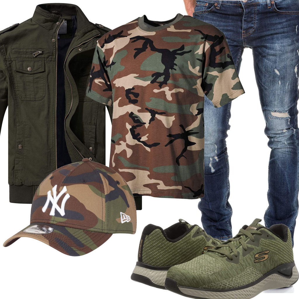Herren-Style mit Camouflage-Shirt und Cap