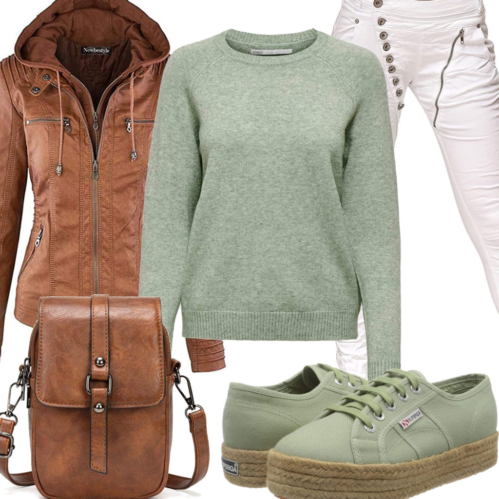 Frühlings-Style mit hellbrauner Lederjacke und Handtasche