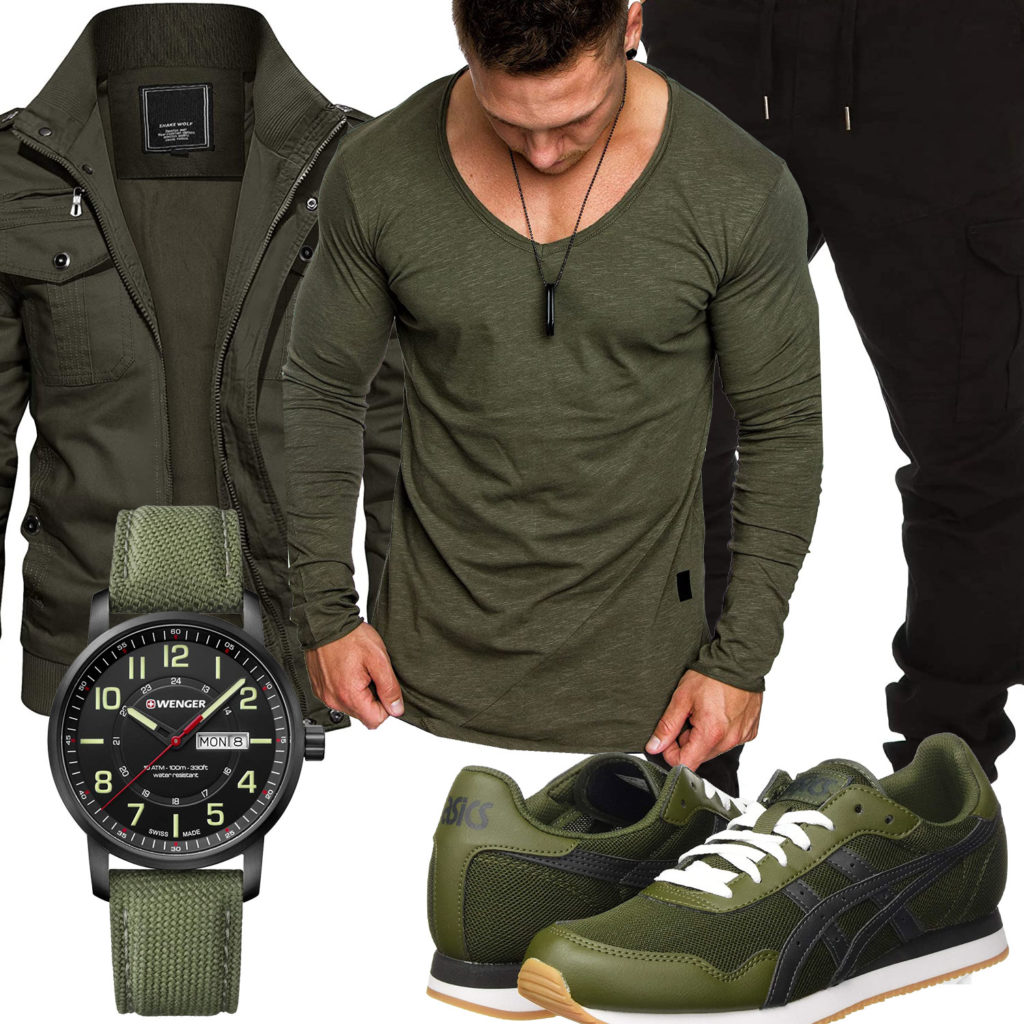 Grün-Schwarzes Herrenoutfit mit Uhr und Sneakern