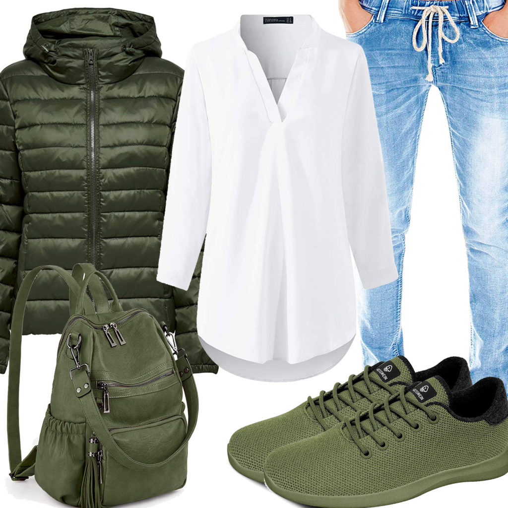 Grünes Frauenoutfit mit Steppjacke, Sneaker und Rucksack