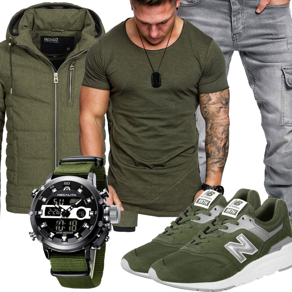 Grüner Style mit Shirt, Steppjacke und Armbanduhr
