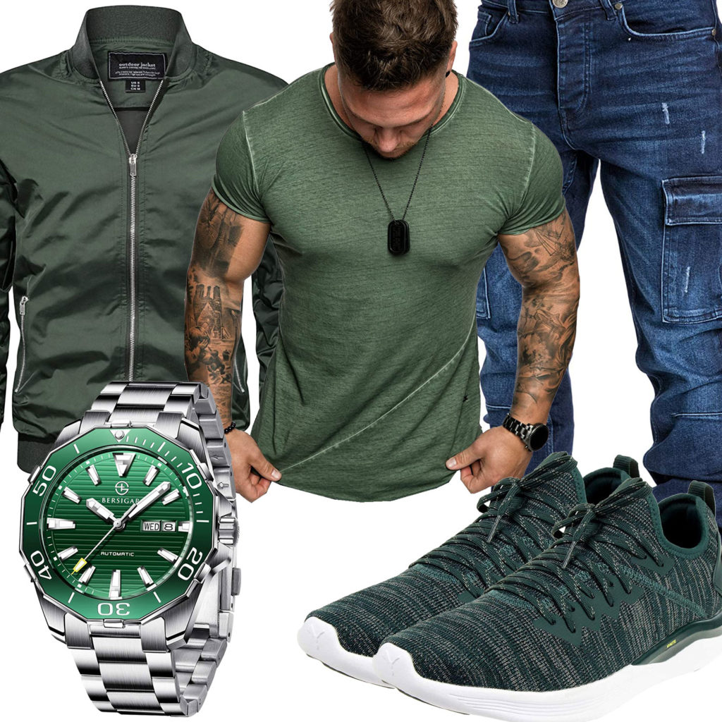 Grünes Herrenoutfit mit Shirt, Uhr und Puma's