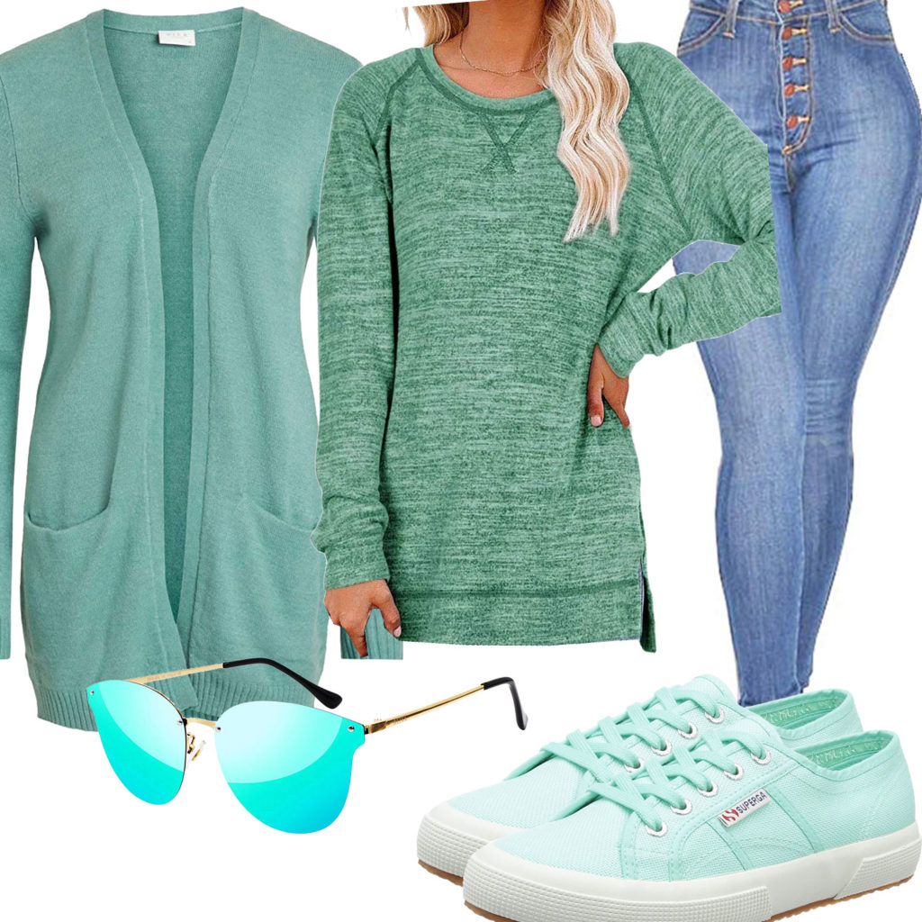 Grünes Damenoutfit mit Strickjacke und Sonnenbrille