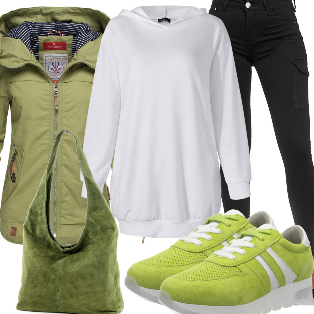 Grünes Damenoutfit mit Sneakern, Tasche und Jacke