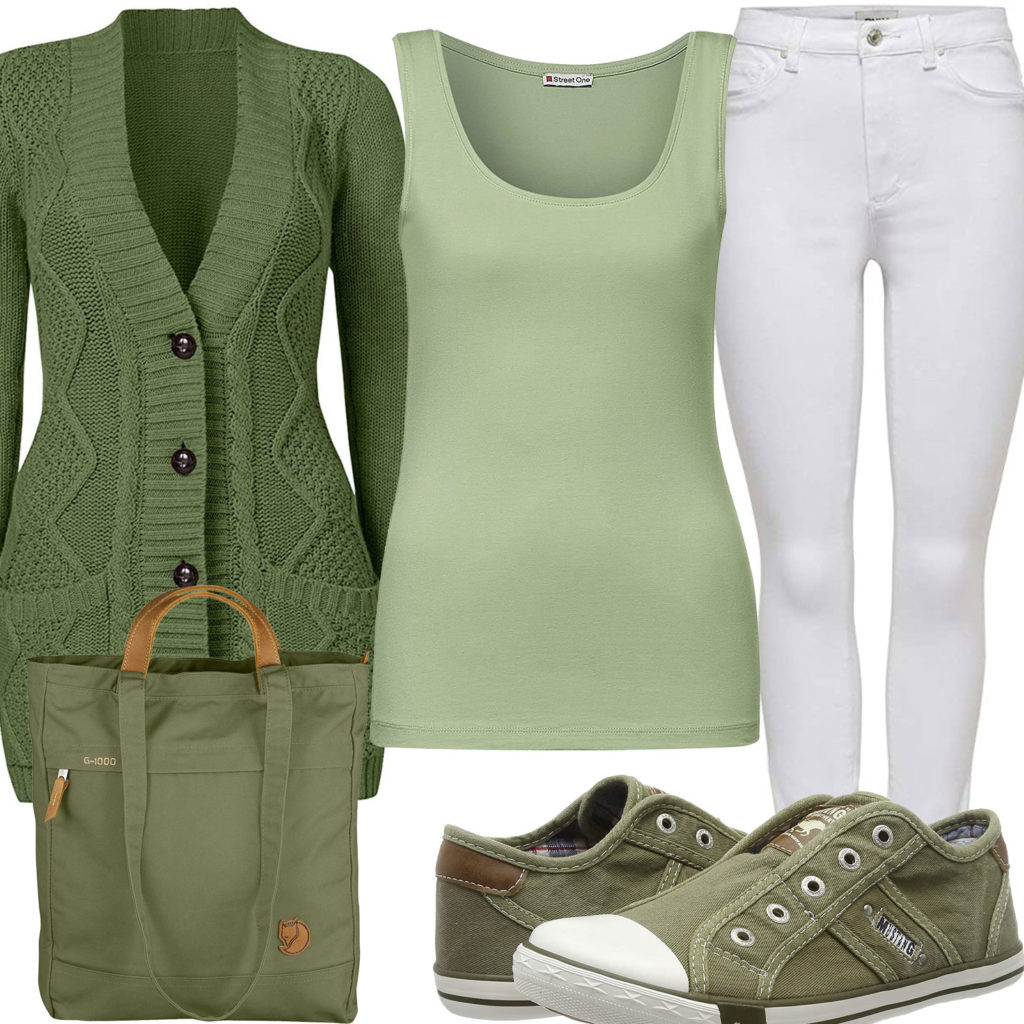 Grün-Weißes Damenoutfit mit Top und Strickjacke